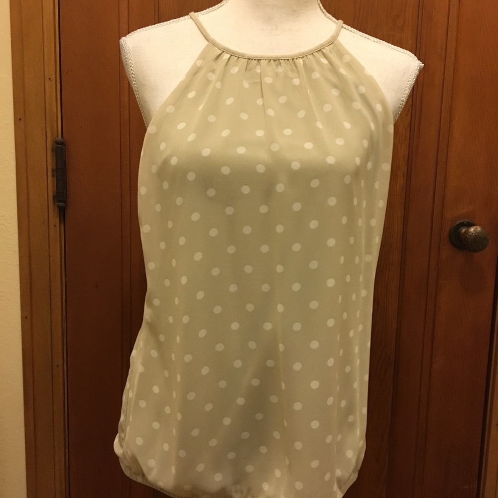 EXPRESS Beige Polka Dot Tie Neck Top